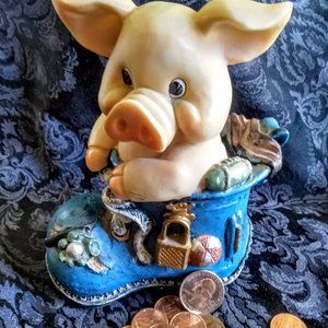 NEW Vtg Piggy Sitting in Blue Shoe Sculptured Bank